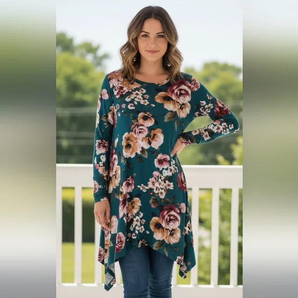 Agnes & Dora Asymmetrical Dress in Teal and Pink Floral - Picture 1 of 9